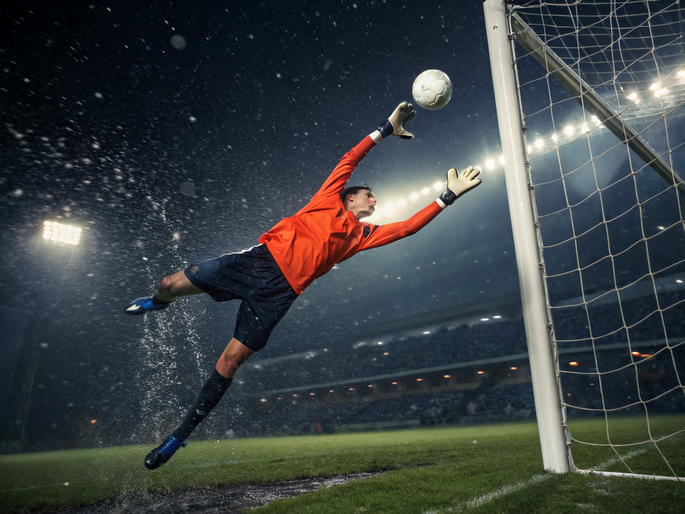 Goalkeeper making an acrobatic save